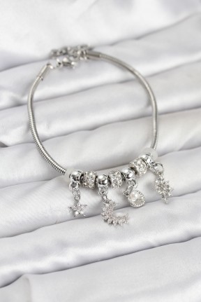 Pirinç Gümüş Renk Ay Charm Model Charmlı Kadın Bileklik