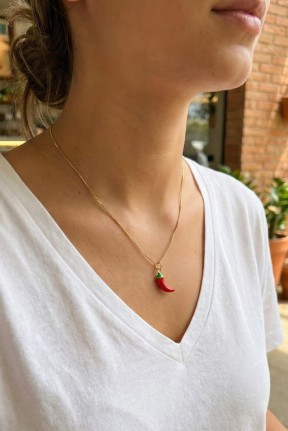 Pirinç Gold Renk Kırmızı Kapya Biber Model Kadın Kolye