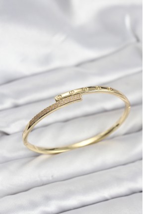 Pirinç Gold Renk Zirkon Taşlı Kadın Kelepçe Bileklik