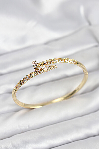 Pirinç Gold Renk Zirkon Taşlı çivi Model Kadın Kelepçe Bileklik