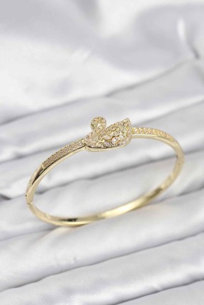 Pirinç Gold Renk Zirkon Taşlı Kuğu Model Kadın Kelepçe Bileklik