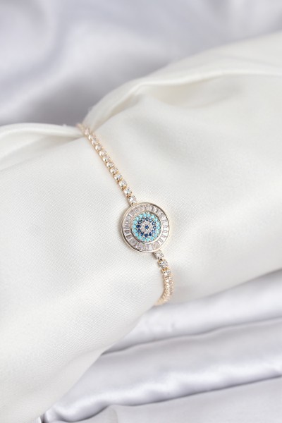 Gold Renk Nazar Model Zirkon Taşlı Asansörlü Su Yolu Bileklik Gold Renk Nazar Model Zirkon Taşlı Asansörlü Su Yolu Bileklik