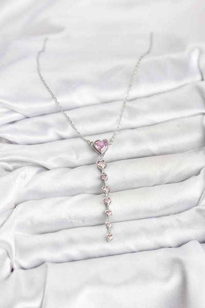 316l çelik Zincir Gümüş Renk Pembe Kalp Kadın Kolye