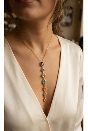 Pirinç Renkli Zirkon Taşlı Model Gold Renk 7 Element Kadın Y Kolye