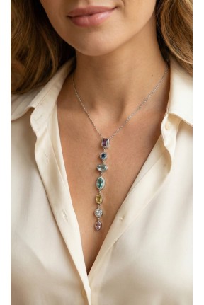 Pirinç Renkli Zirkon Taşlı Model Gümüş Renk 7 Element Kadın Y Kolye