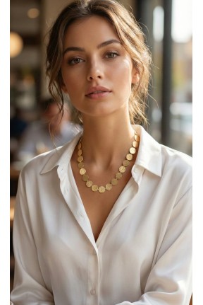 Yuvarlak Plaka Model Gold Renk Kadın Kolye