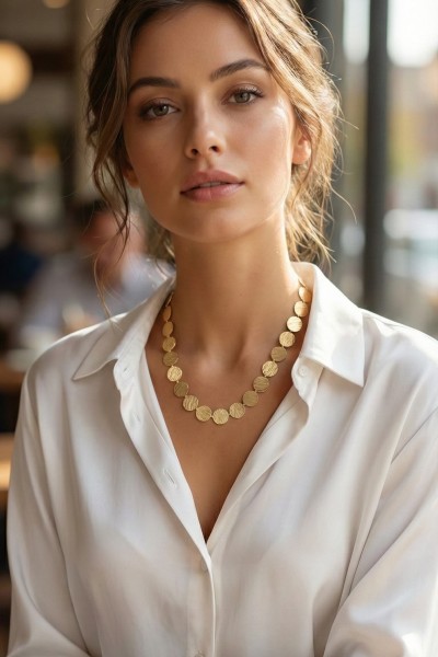 Yuvarlak Plaka Model Gold Renk Kadın Kolye