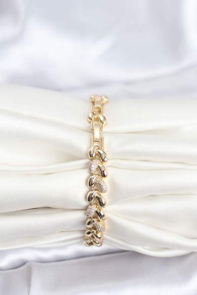 Pirinç Gold Renk Vip Seri Sarmal Damla Model Zirkon Taşlı Kadın Bileklik