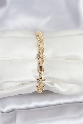 Pirinç Gold Renk Vip Seri Sıralı Taşlı Yıldız Model Zirkon Taşlı Kadın Bileklik