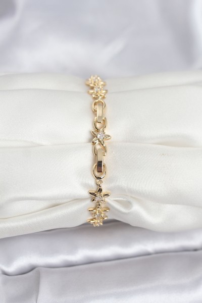 Pirinç Gold Renk Vip Seri Sıralı Taşlı Yıldız Model Zirkon Taşlı Kadın Bileklik