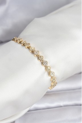 Pirinç Gold Renk Vip Seri Sıralı Yonca Model Zirkon Taşlı Kadın Bileklik