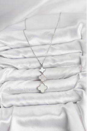 316l çelik Zincir Gümüş Renk Yonca Detaylı Zirkon Taşlı Kadın Kolye