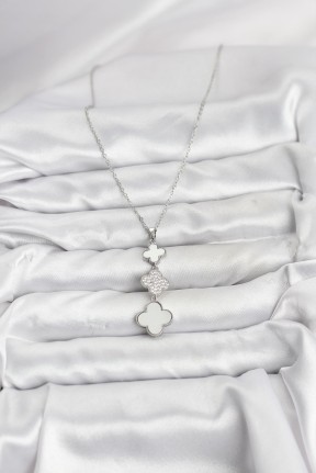 316l çelik Zincir Gümüş Renk Yonca Detaylı Zirkon Taşlı Kadın Kolye