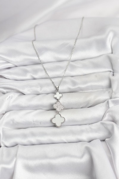 316l çelik Zincir Gümüş Renk Yonca Detaylı Zirkon Taşlı Kadın Kolye