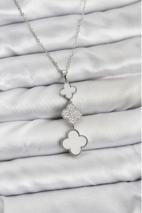 316l çelik Zincir Gümüş Renk Yonca Detaylı Zirkon Taşlı Kadın Kolye