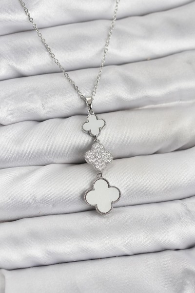 316l çelik Zincir Gümüş Renk Yonca Detaylı Zirkon Taşlı Kadın Kolye