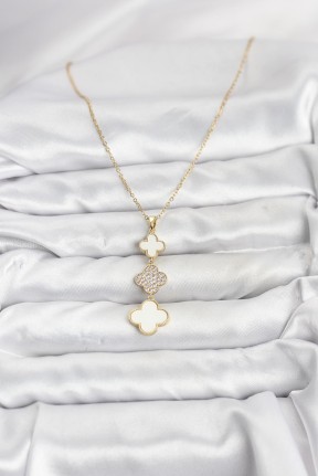 316l çelik Zincir Gold Renk Yonca Detaylı Zirkon Taşlı Kadın Kolye