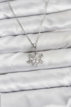 316l çelik Zincir Gümüş Renk Kar Tanesi Model Zirkon Taşlı Kadın Kolye