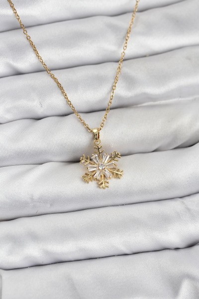 316l çelik Zincir Gold Renk Kar Tanesi Model Zirkon Taşlı Kadın Kolye