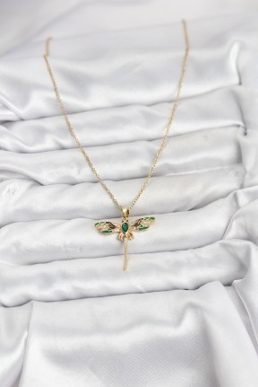 316l çelik Zincir Gold Renk Yusufçuk Model Zirkon Taşlı Kadın Kolye