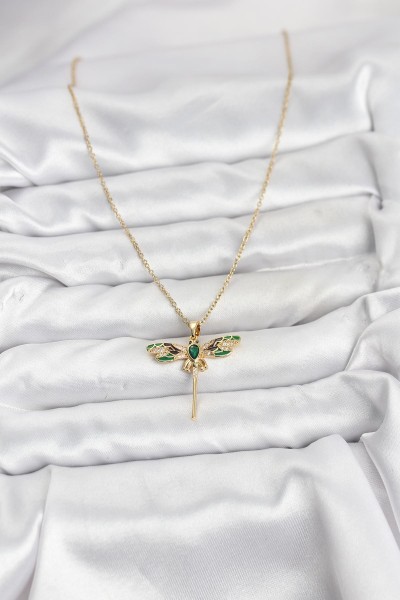 316l çelik Zincir Gold Renk Yusufçuk Model Zirkon Taşlı Kadın Kolye