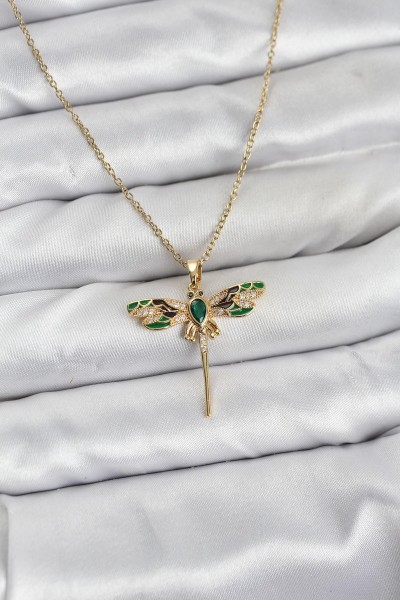 316l çelik Zincir Gold Renk Yusufçuk Model Zirkon Taşlı Kadın Kolye