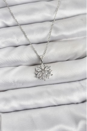 316l çelik Zincir Gümüş Renk Lotus Model Zirkon Taşlı Kadın Kolye