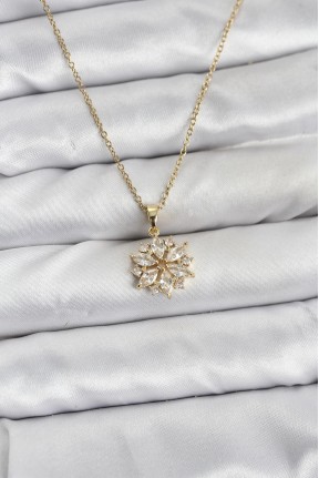 316l çelik Zincir Gold Renk Lotus Model Zirkon Taşlı Kadın Kolye