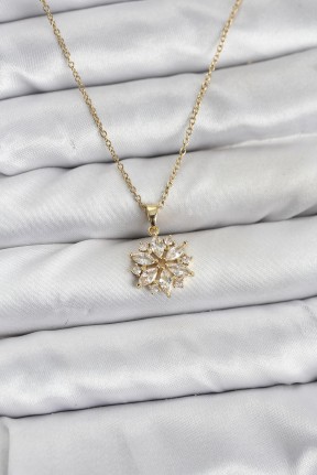 316l çelik Zincir Gold Renk Lotus Model Zirkon Taşlı Kadın Kolye