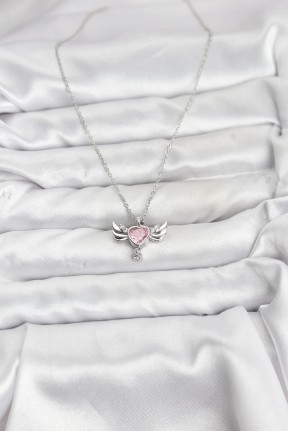 316l çelik Zincir Gümüş Renk Kanatlı Kalp Model Zirkon Taşlı Kadın Kolye