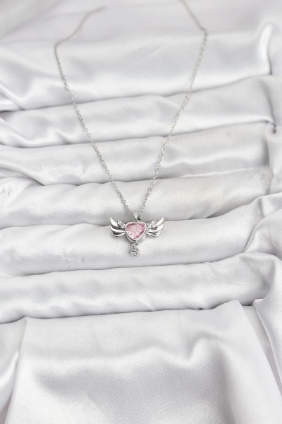316l çelik Zincir Gümüş Renk Kanatlı Kalp Model Zirkon Taşlı Kadın Kolye