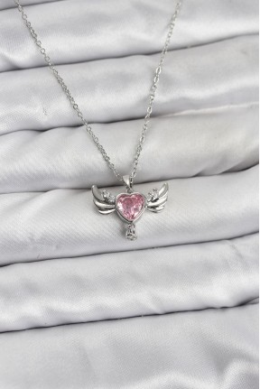 316l çelik Zincir Gümüş Renk Kanatlı Kalp Model Zirkon Taşlı Kadın Kolye