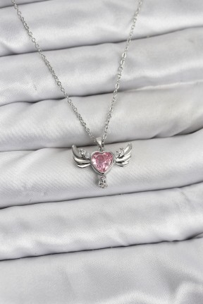 316l çelik Zincir Gümüş Renk Kanatlı Kalp Model Zirkon Taşlı Kadın Kolye