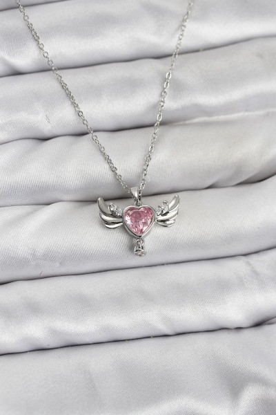 316l çelik Zincir Gümüş Renk Kanatlı Kalp Model Zirkon Taşlı Kadın Kolye