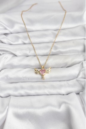 316l çelik Zincir Gold Renk Kanatlı Kalp Model Zirkon Taşlı Kadın Kolye