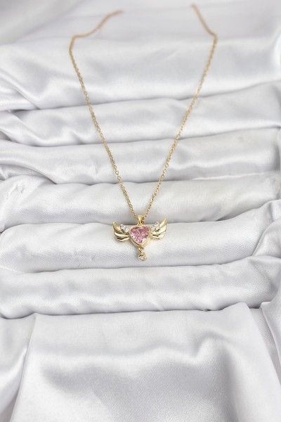 316l çelik Zincir Gold Renk Kanatlı Kalp Model Zirkon Taşlı Kadın Kolye