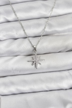 316l çelik Zincir Gümüş Renk Kutup Yıldızı Model Zirkon Taşlı Kadın Kolye