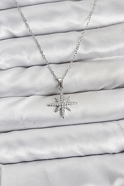 316l çelik Zincir Gümüş Renk Kutup Yıldızı Model Zirkon Taşlı Kadın Kolye