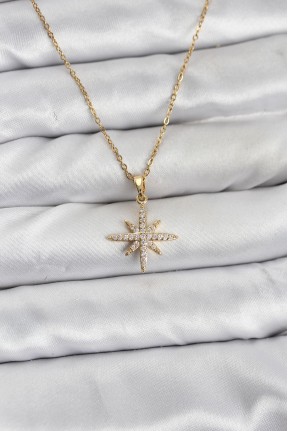 316l çelik Zincir Gold Renk Kutup Yıldızı Model Zirkon Taşlı Kadın Kolye