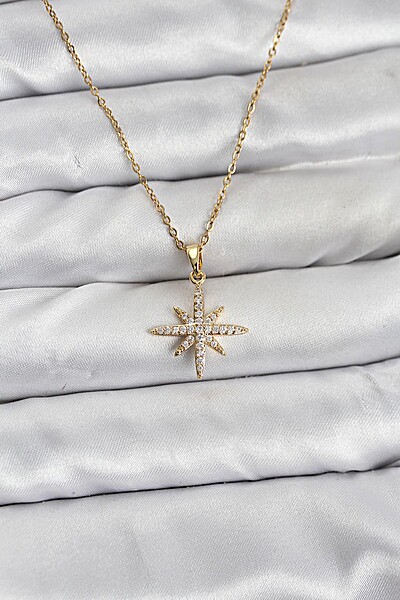 316l çelik Zincir Gold Renk Kutup Yıldızı Model Zirkon Taşlı Kadın Kolye