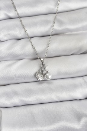 316l çelik Zincir Gümüş Renk Deniz Kabuğu Ve Deniz Yıldızı Model Zirkon Taşlı Kadın Kolye