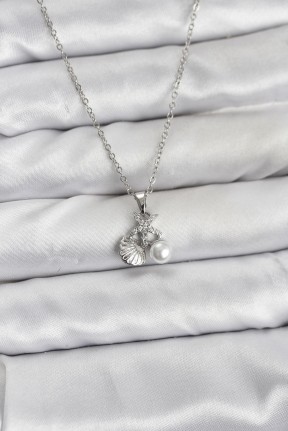 316l çelik Zincir Gümüş Renk Deniz Kabuğu Ve Deniz Yıldızı Model Zirkon Taşlı Kadın Kolye