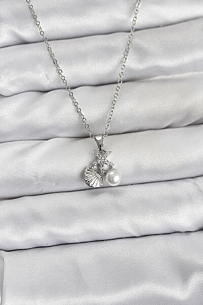 316l çelik Zincir Gümüş Renk Deniz Kabuğu Ve Deniz Yıldızı Model Zirkon Taşlı Kadın Kolye