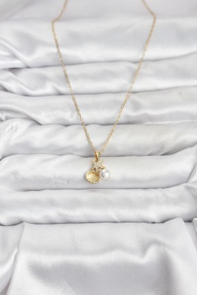 316l çelik Zincir Gold Renk Deniz Kabuğu Ve Deniz Yıldızı Model Zirkon Taşlı Kadın Kolye