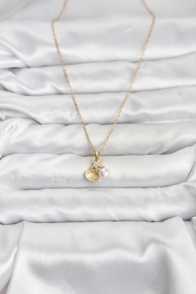 316l çelik Zincir Gold Renk Deniz Kabuğu Ve Deniz Yıldızı Model Zirkon Taşlı Kadın Kolye