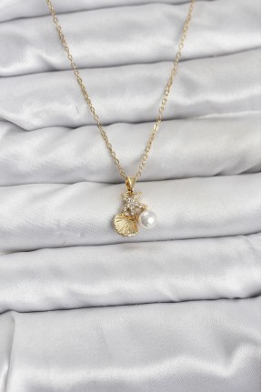 316l çelik Zincir Gold Renk Deniz Kabuğu Ve Deniz Yıldızı Model Zirkon Taşlı Kadın Kolye