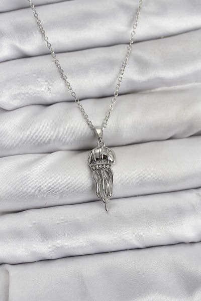 316l çelik Zincir Gümüş Renk Deniz Anası Model Zirkon Taşlı Kadın Kolye