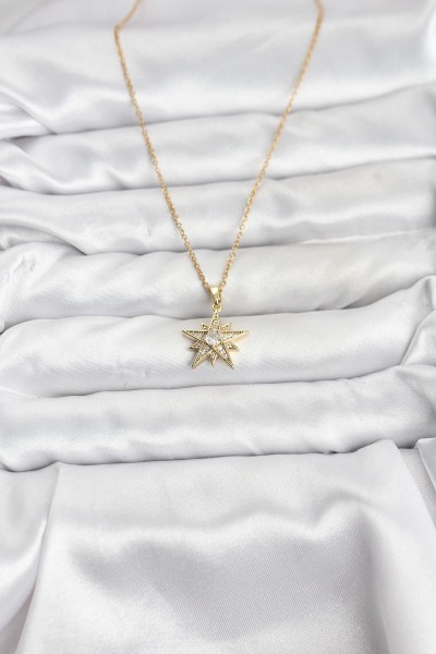 316l çelik Zincir Gold Renk Yıldız Model Zirkon Taşlı Kadın Kolye