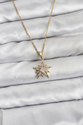 316l çelik Zincir Gold Renk Yıldız Model Zirkon Taşlı Kadın Kolye