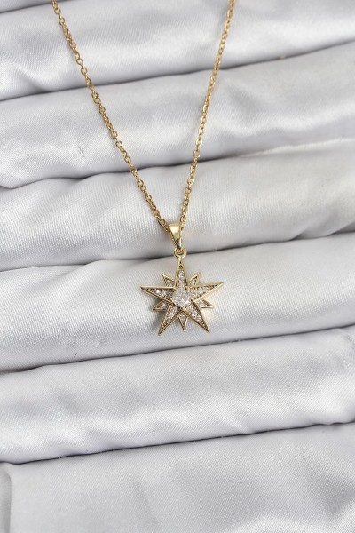 316l çelik Zincir Gold Renk Yıldız Model Zirkon Taşlı Kadın Kolye